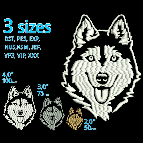 Siberian Husky embroidery design 3 SIZES, Smiling dog head sketch machine embroidery file Dog holder owner gift PES Brother Instant Download
