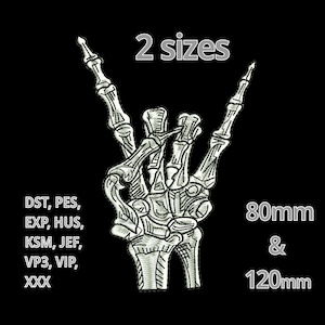 Könnte beinhalten: Eine weiße Skeletthand, die die Rock'n'Roll-Handgeste macht. Das Bild enthält den Text "2 Größen", "80mm", "&" und "120mm".