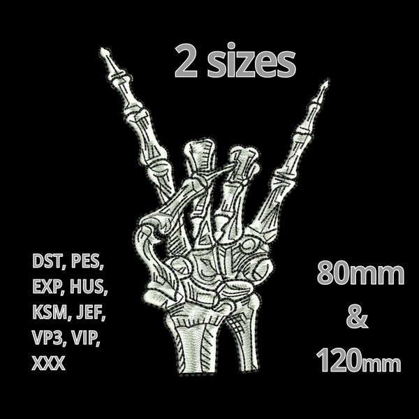 Skeleton embroidery design - Heavy Metal Hand machine embroidery file 2 Sizes - Skull Hand drawing tattoo Brand Rocker festival design