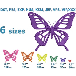 Puede incluir: Seis diseños de bordado de una mariposa morada en diferentes tamaños, que van desde 6 pulgadas hasta 1,2 pulgadas. Los diseños están etiquetados con sus tamaños correspondientes en pulgadas y milímetros.