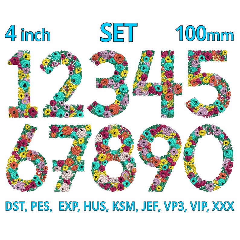 Embroided Numbers Birthday Embroidery Design Numbers | SET - 4inch 100mm | FLORAL Number ...