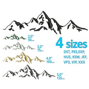 Desenho de bordado de montanhas 4 tamanhos - arquivo de bordado de máquina de horizonte Alpin, esqui de inverno, silhueta de desenho animado de montanha