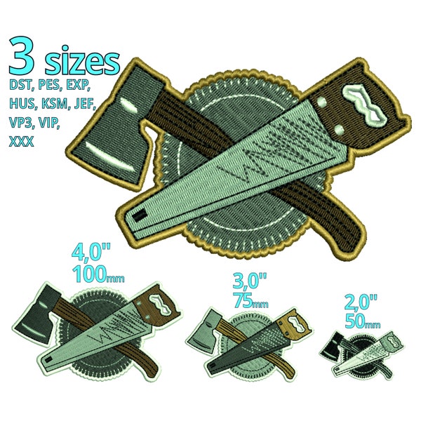 Carpenter Embroidery Design Lumberjack - 3 sizes - Woodworker logo Wood Axes Saw Machine Embroidery file for Wood craft