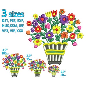 May include: A colorful embroidery design of a flower bouquet in a striped pot. The design is available in three sizes: 3.9 inches, 3 inches, and 2 inches. The design is available in the following formats: DST, PES, EXP, HUS, KSM, JEF, VP3, VIP, and XXX.