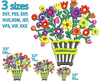 Flower pot machine embroidery design Floral 3 sizes Bunch of Flowers embroidery file - plant pot maedow grassland Flowerpot decoration