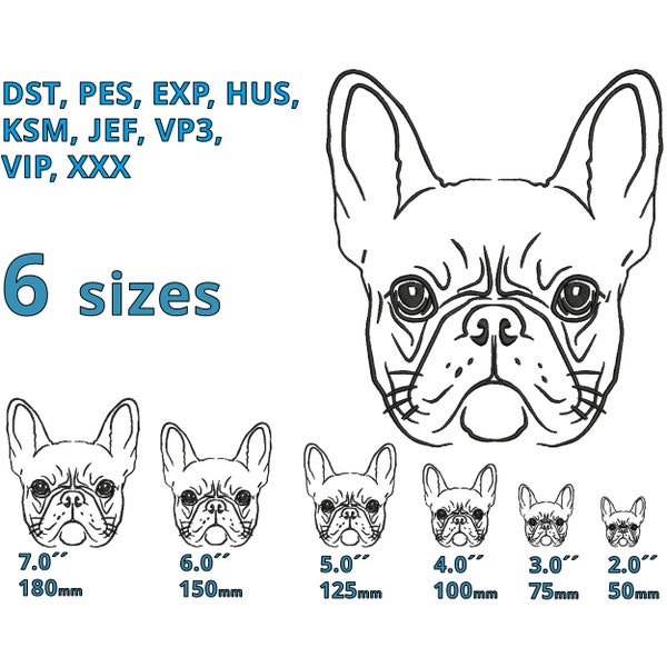 French Bulldog embroidery design 6 sizes, serious dog outline machine embroidery file simple dog head drawing puppy decoration
