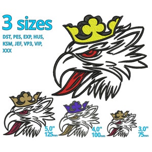 Puede incluir: Tres diseños de bordado de un águila blanca con pico rojo y corona amarilla. El águila se muestra en tres tamaños: 5 pulgadas, 4 pulgadas y 3 pulgadas. Los diseños están disponibles en una variedad de formatos, incluidos DST, PES, EXP, HUS, KSM, JEF, VP3, VIP y XXX.