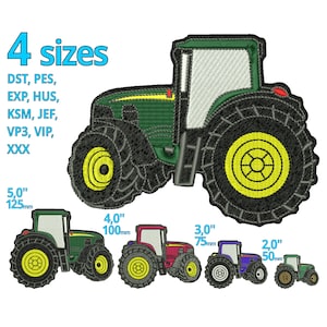 May include: Four different sizes of a green tractor embroidery design. The largest tractor is 5 inches wide and the smallest is 2 inches wide. The embroidery designs are available in multiple formats, including DST, PES, EXP, HUS, KSM, JEF, VP3, VIP, and XXX.