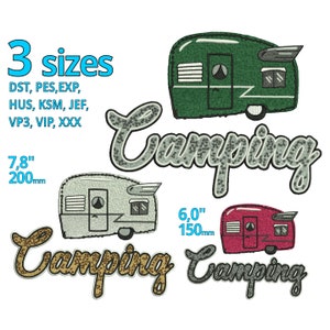 Camping Stickdatei 2 Größen - Camper Stickdatei - Welt auf Reisen Happy Camper Comic Comic Logo