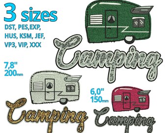 Camping embroidery design 2 Sizes - Camper machine embroidery file - World traveling Happy Camper cartoon camping comic Logo