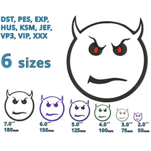 May include: A black and white embroidery design of a devilish smiley face with red eyes. The design is available in six sizes: 7.0 inches, 6.0 inches, 5.0 inches, 4.0 inches, 3.0 inches, and 2.0 inches.