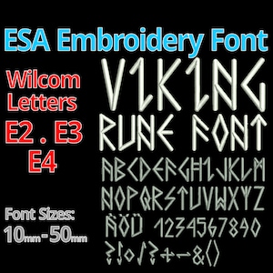 May include: A white Viking rune font embroidery design with the text "VIKING RUNE FONT" in large letters. The alphabet, numbers, and punctuation marks are shown in smaller letters below. The font sizes are 10mm to 50mm.
