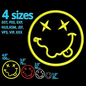 May include: A yellow smiley face with a tongue sticking out and crossed-out eyes. The image shows four different sizes of the smiley face: 4 inches, 3 inches, 2 inches, and 1 inch. The image also includes the text "4 sizes" and a list of embroidery file formats.