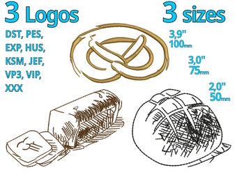 Ensemble de motifs de broderie de boulangerie 3 Logos / tailles - vrai Cuisson du pain Motifs fichier de broderie à la machine - Bretzel, miche de pain - pain grillé