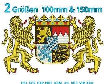 Könnte beinhalten: Ein gestickter Aufnäher mit dem Wappen Bayerns, Deutschland. Der Aufnäher zeigt zwei Löwen, die einen Schild mit einem blau-weißen Schachbrettmuster, einem rot-weißen Schachbrettmuster und einer roten Bergkette halten. Der Text "2 Größen 100mm & 150mm" befindet sich oben auf dem Aufnäher. Der Text "DST, PES, EXP, HUS, KSM, JEF, VP3, VIP, XXX" befindet sich unten auf dem Aufnäher.