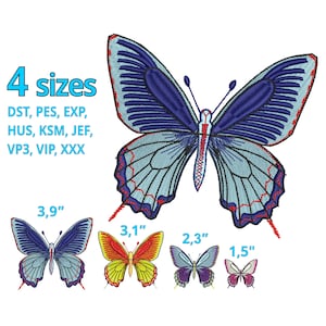 Puede incluir: Cuatro diseños de bordado de mariposas en diferentes tamaños: 3,9 pulgadas, 3,1 pulgadas, 2,3 pulgadas y 1,5 pulgadas. Los diseños son de varios colores, incluyendo azul, rojo, amarillo, morado y rosa.