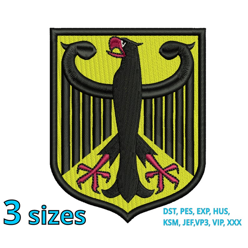 K&ouml;nnte beinhalten: Gestickter Aufn&auml;her mit dem deutschen Bundeswappen, einem schwarzen Adler mit roten Krallen auf einem gelben Schild mit schwarzen Streifen. Der Aufn&auml;her ist in drei Gr&ouml;&szlig;en erh&auml;ltlich.