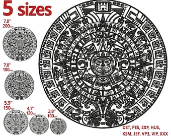 Aztec calendar Embroidery Design 5 sizes - Maya calendar symbol mandala machine embroidery file - mexican jaguar warrior embroidery pattern