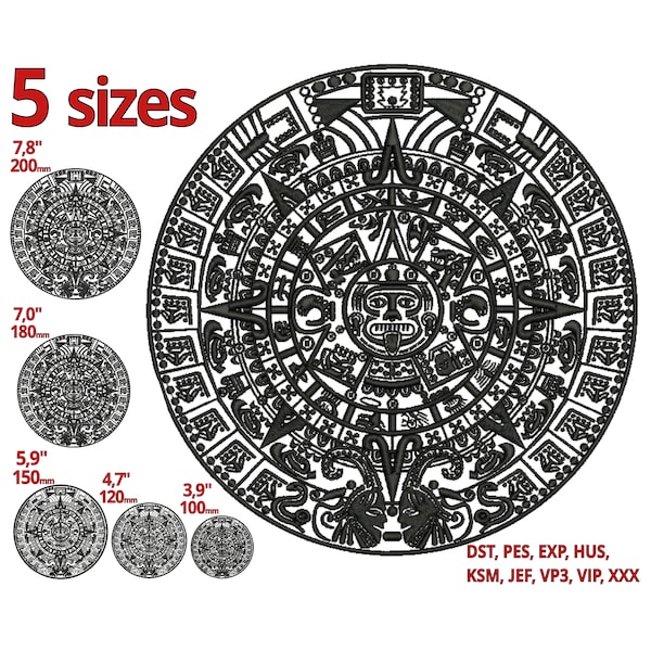 Aztec calendar Embroidery Design 5 sizes - Maya calendar symbol mandala machine embroidery file - mexican jaguar warrior embroidery pattern