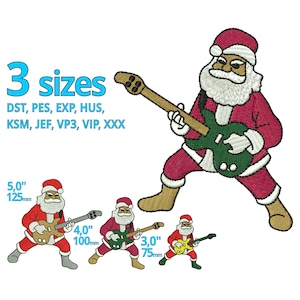 Puede incluir: Un diseño de bordado digital de un Papá Noel de dibujos animados tocando una guitarra eléctrica. El diseño está disponible en tres tamaños: 5 pulgadas, 4 pulgadas y 3 pulgadas. El diseño está disponible en una variedad de formatos de bordado, incluidos DST, PES, EXP, HUS, KSM, JEF, VP3, VIP y XXX.