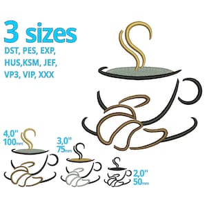 Puede incluir: Un diseño de bordado digital de una taza de café con vapor saliendo de ella. El diseño está disponible en tres tamaños: 10 cm, 7,5 cm y 5 cm. El diseño está disponible en los siguientes formatos: DST, PES, EXP, HUS, KSM, JEF, VP3, VIP y XXX.