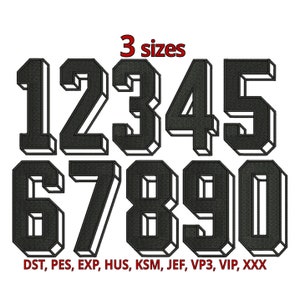 May include: Black and white outlined numbers 1 through 9 and 0 in a bold, blocky font. The text "3 sizes" is above the numbers. The text "DST, PES, EXP, HUS, KSM, JEF, VP3, VIP, XXX" is below the numbers.