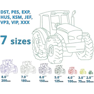 May include: An embroidered tractor design in green thread, with the text "7 sizes" and measurements ranging from 2.0" to 8.0". The design includes file formats DST, PES, EXP, HUS, KSM, JEF, VP3, VIP, and XXX.