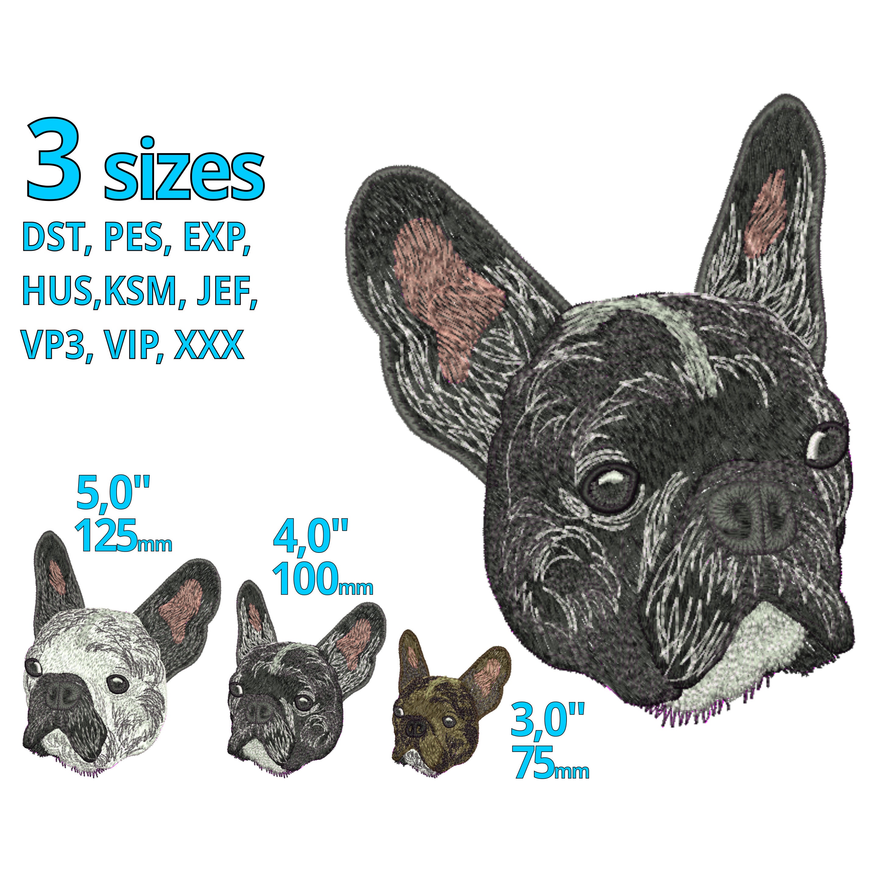 Motif de broderie bouledogue véritable 3 tailles, fichier de broderie Machine tête de chien de taureau Français dessin animal art - support de chien de service de formation