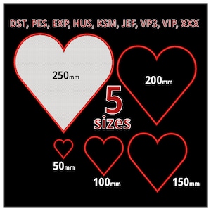 Puede incluir: Cinco formas de corazón rojas con contornos rojos sobre un fondo negro. Los corazones están etiquetados con su tamaño en milímetros: 250 mm, 200 mm, 150 mm, 100 mm y 50 mm.