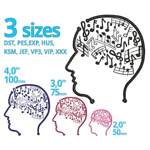 May include: An embroidery design of a head with musical notes inside. The design is available in three sizes: 4 inches (100 mm), 3 inches (75 mm), and 2 inches (50 mm).