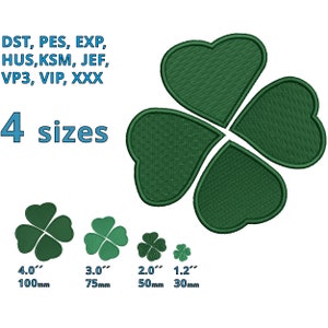 Puede incluir: Cuatro diseños de bordado de trébol de cuatro hojas verdes en diferentes tamaños: 4 pulgadas, 3 pulgadas, 2 pulgadas y 1,2 pulgadas. Los diseños están disponibles en los siguientes formatos: DST, PES, EXP, HUS, KSM, JEF, VP3, VIP, XXX.