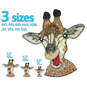 May include: An embroidery design of a giraffe's head with an open mouth, available in three sizes: 5.0 inches (125 mm), 4.0 inches (100 mm), and 3.0 inches (75 mm). The design is available in multiple embroidery file formats, including DST, PES, EXP, HUS, KSM, JEF, VP3, VIP, and XXX.