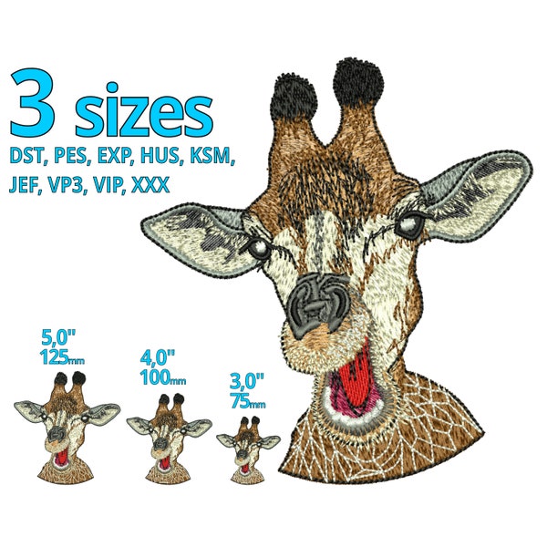 Giraffe embroidery design - 3 Sizes Lovely laughing Giraffe head machine embroidery file - Crazy comic animal head safari kingdom