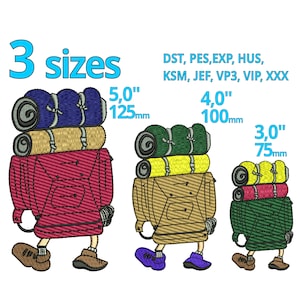 May include: Three embroidered designs of a cartoon character carrying a backpack with sleeping bags. The designs are in three sizes: 5 inches (125 mm), 4 inches (100 mm), and 3 inches (75 mm).