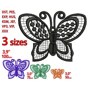 Puede incluir: Tres diseños de bordado de una mariposa de encaje negro en tres tamaños: 3,9 pulgadas, 3 pulgadas y 3 pulgadas. Los diseños se muestran en morado, verde y naranja.