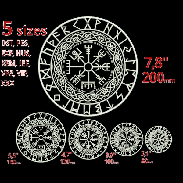 Viking kompas borduurwerk ontwerp 5 Maten - VEGVISIR machine borduurvijl - Ierse Keltische knopen - Middeleeuws rune bloemenkostuum Motief