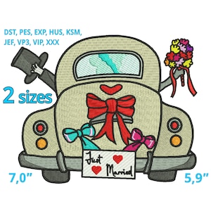 May include: A white vintage car with a red bow, a bouquet of flowers, and a sign that says "Just Married". The car is 7 inches tall and 5.9 inches wide.