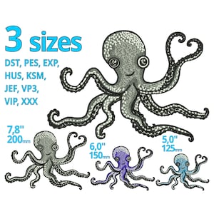 Może przedstawiać: Trzy haftowane wzory ośmiornicy w różnych rozmiarach: 7,8 cala, 6 cali i 5 cali. Ośmiornica jest szara z czarnymi oczami i uśmiechającym się pyskiem. Wzory są dostępne w formatach DST, PES, EXP, HUS, KSM, JEF, VP3, VIP i XXX.