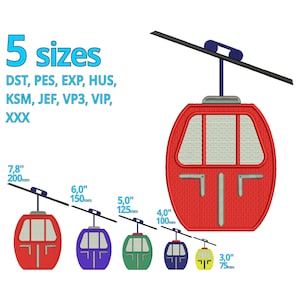 Gondel Stickdatei 5 Größen Berge Skyliner Kabelbahn Alpen Bergsteiger Maschinenstickerei Datei Ski Logo Winter Sport