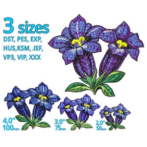 Könnte beinhalten: Drei Stickmuster mit violetten und blauen Blumen mit grünen Blättern. Die Designs sind in drei Größen erhältlich: 10 cm, 7,5 cm und 5 cm. Die enthaltenen Dateiformate sind DST, PES, EXP, HUS, KSM, JEF, VP3, VIP und XXX.