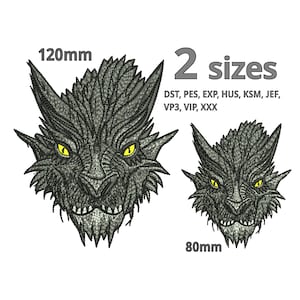 May include: Two embroidered designs of a wolf's head, one measuring 120mm and the other 80mm. The designs are available in multiple formats, including DST, PES, EXP, HUS, KSM, JEF, VP3, VIP, and XXX.