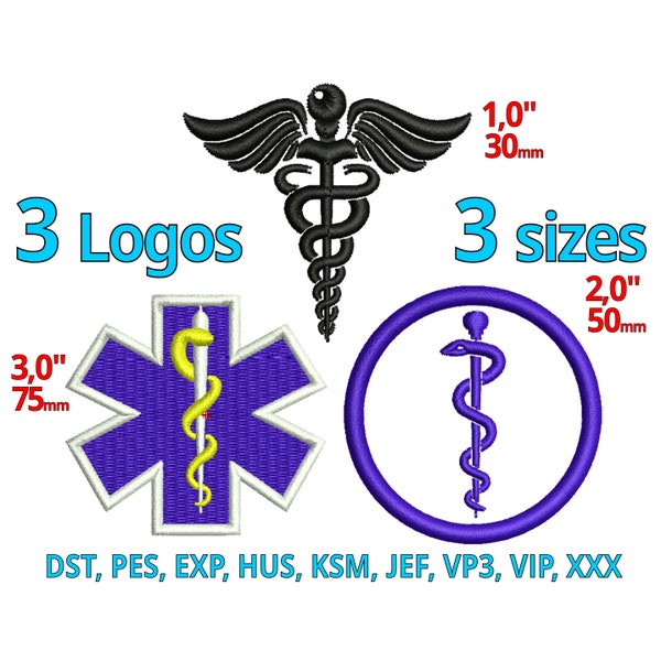 Medical embroidery design | 3 Logos | Caduceus EMT Machine Embroidery Stitch Fill - Paramedic Symbol Nurse Doctor Logo