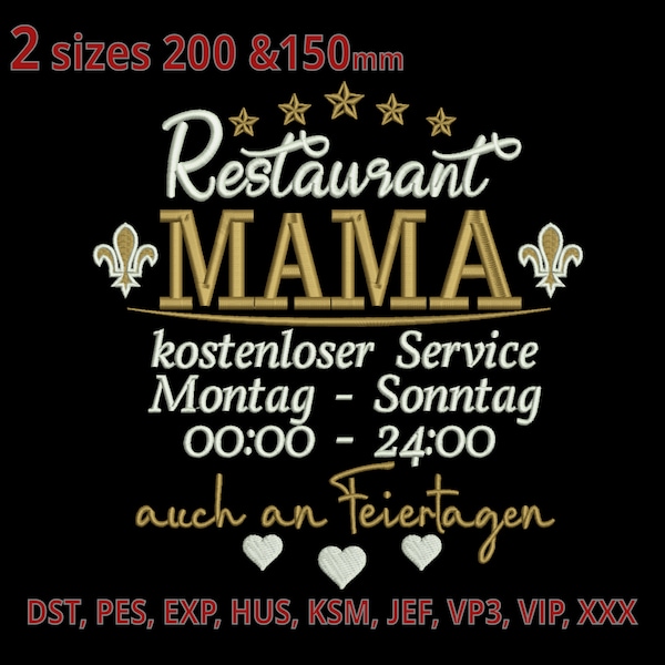 Muttertagsgeschenk Stickdatei - Restaurant Mama - 2 Größen - Stickmotiv für Kochschürze - Kissen Stickprogramm Sternekoch Chefkoch Mama