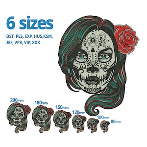 La Catrina broderie design Femme mexicaine Tête de crâne 6 Tailles machine fichier de broderie - dia de los muertos - Calavera Death head Patch