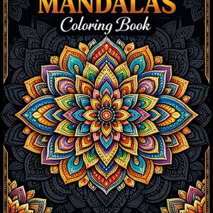 May include: A coloring book titled Curvygirlstuff MANDALAS Coloring Book with 50 Relaxing Designs for Stress Relief. The cover features a large, vibrant, multi-colored mandala with orange, blue, yellow, and purple petals against a black background.