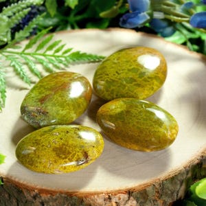 May include: Four oval-shaped, polished gemstones in shades of green and gold rest on a wooden slice. The stones have a textured appearance and a glossy finish. The background includes greenery and blue flowers, enhancing the natural aesthetic.