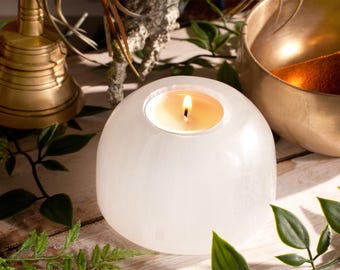 Porta-velas de selenita polida | Vela de selenita | Vela de selenita lisa | Porta-velas de selenita lisa | Vela de selenita