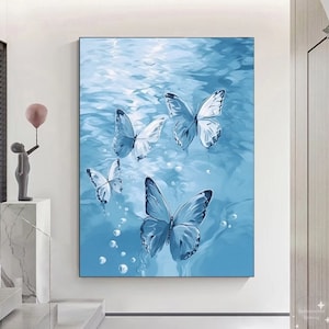 Original Abstract Butterfly Oil Painting on Canvas Animal Textured Canvas Painting Wall Decor Gift Blue Butterfly Painting Blue Sea Painting