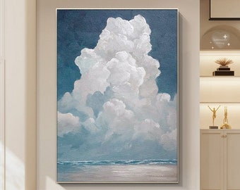 Large Cloud Oil Painting Original White Cloud Wall Art Blue Minimalist Art Large Cloudy Sky Painting Hand Painted Cloud Abstract Canvas Art