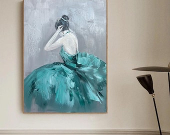 May include: A painting of a woman in a teal green dress. The woman is standing with her back to the viewer and her head is turned to the side. The painting is done in a loose, impressionistic style.